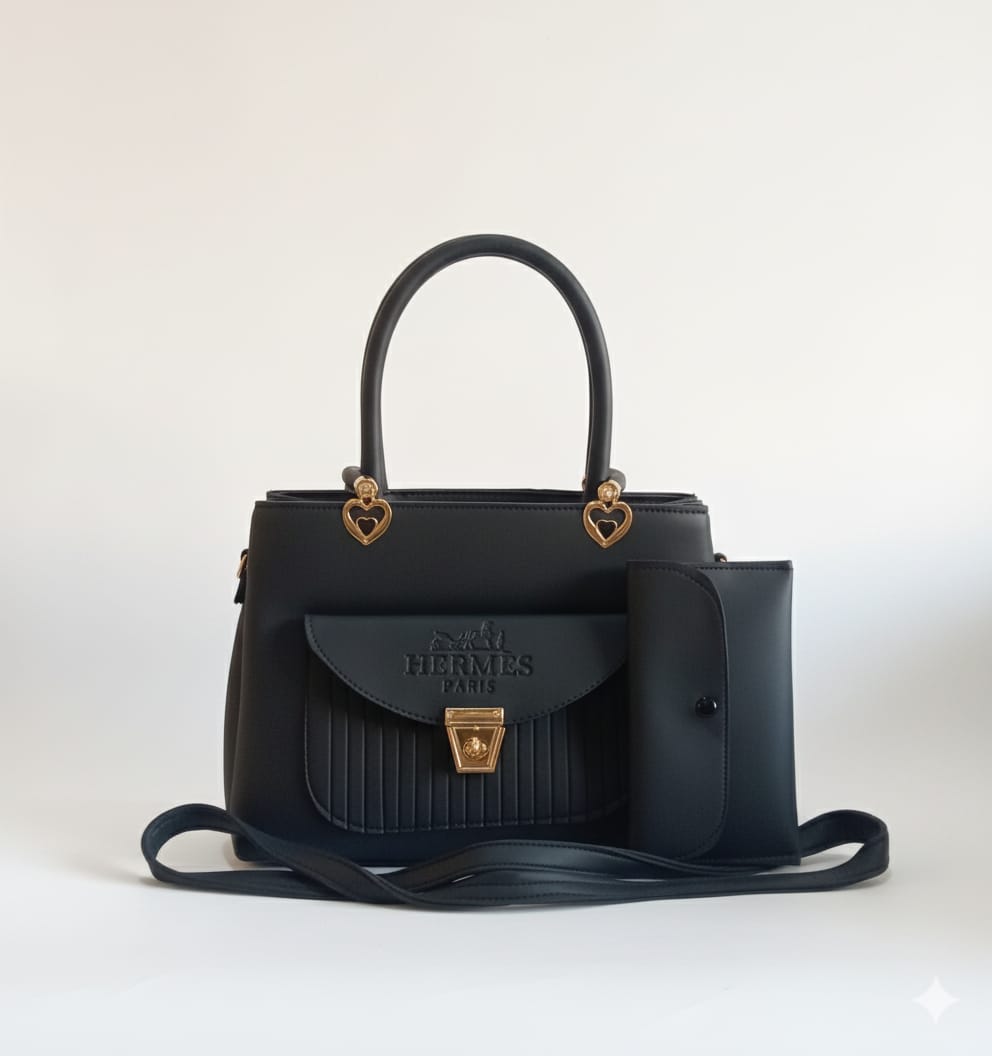 elegant maroon and black top handle satchel and wallet set