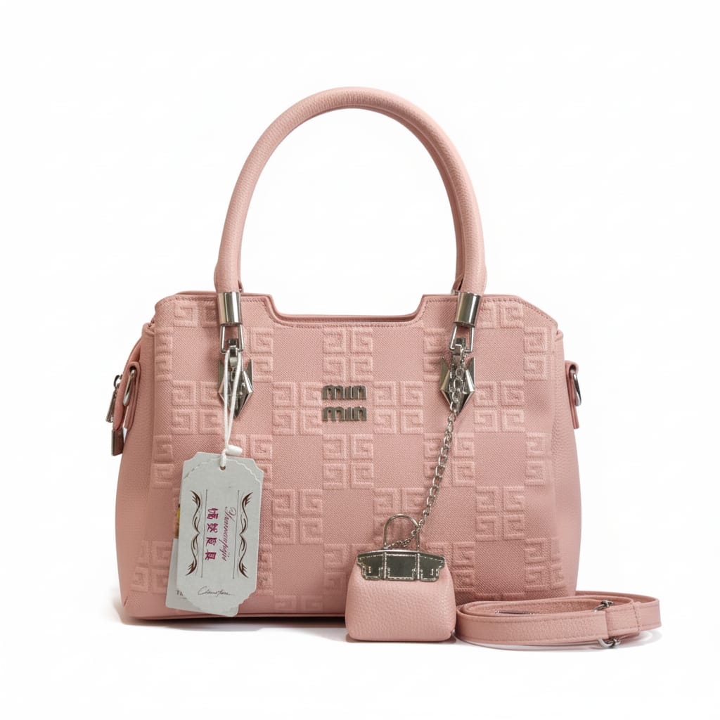 textured dove grey and pink top handle bag