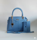cerulean blue and pink textured top handle bag with wallet companion