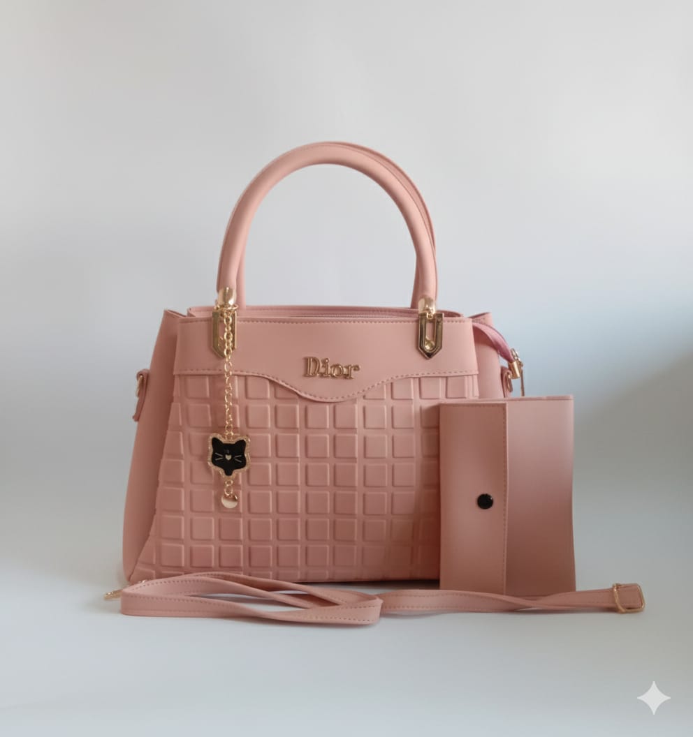 cerulean blue and pink textured top handle bag with wallet companion