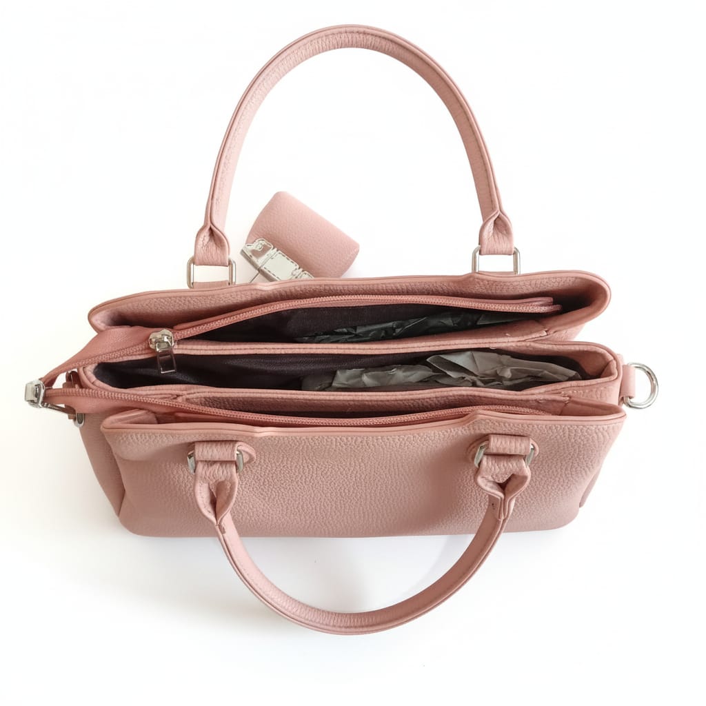 textured dove grey and pink top handle bag