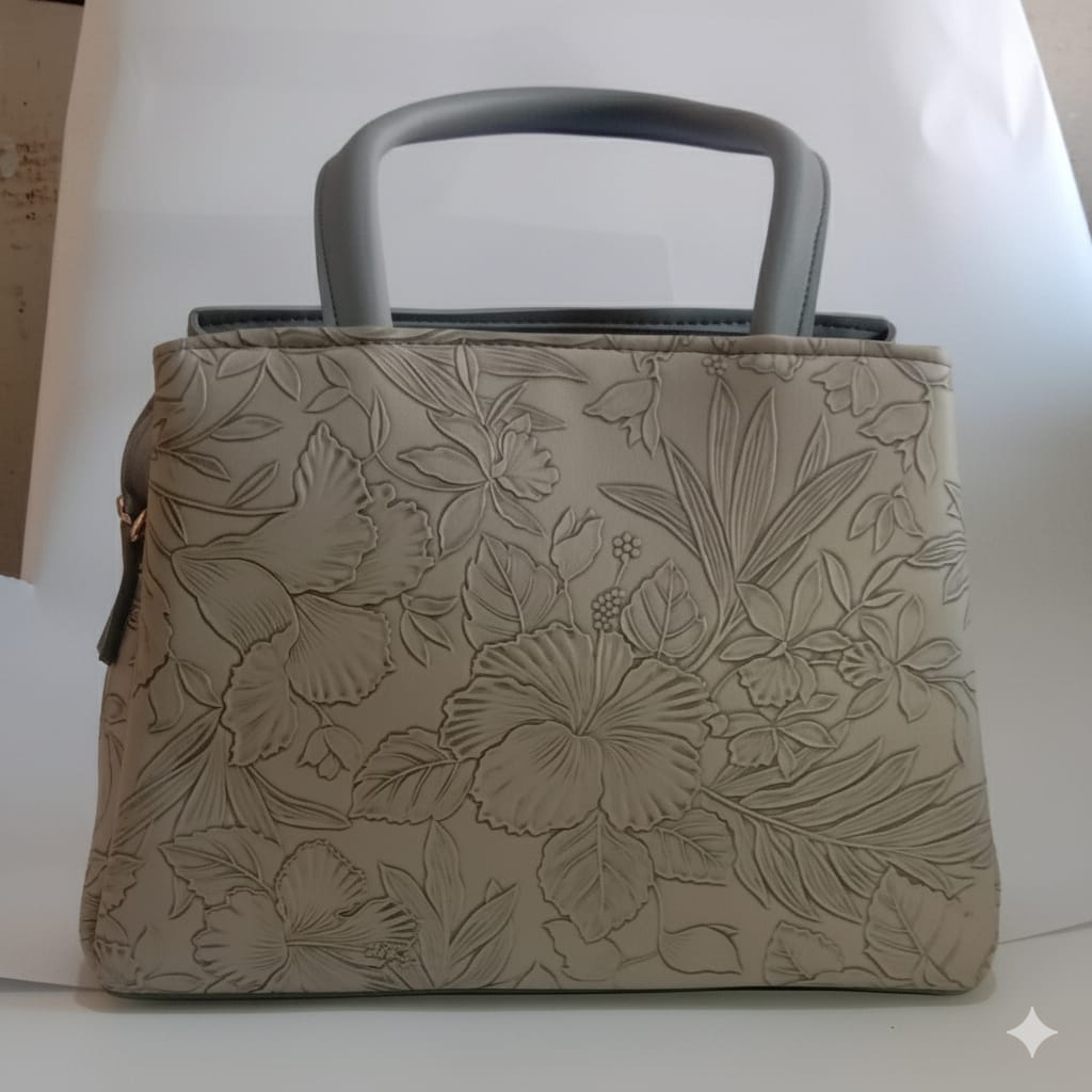 two-tone floral embossed satchel with cat charm