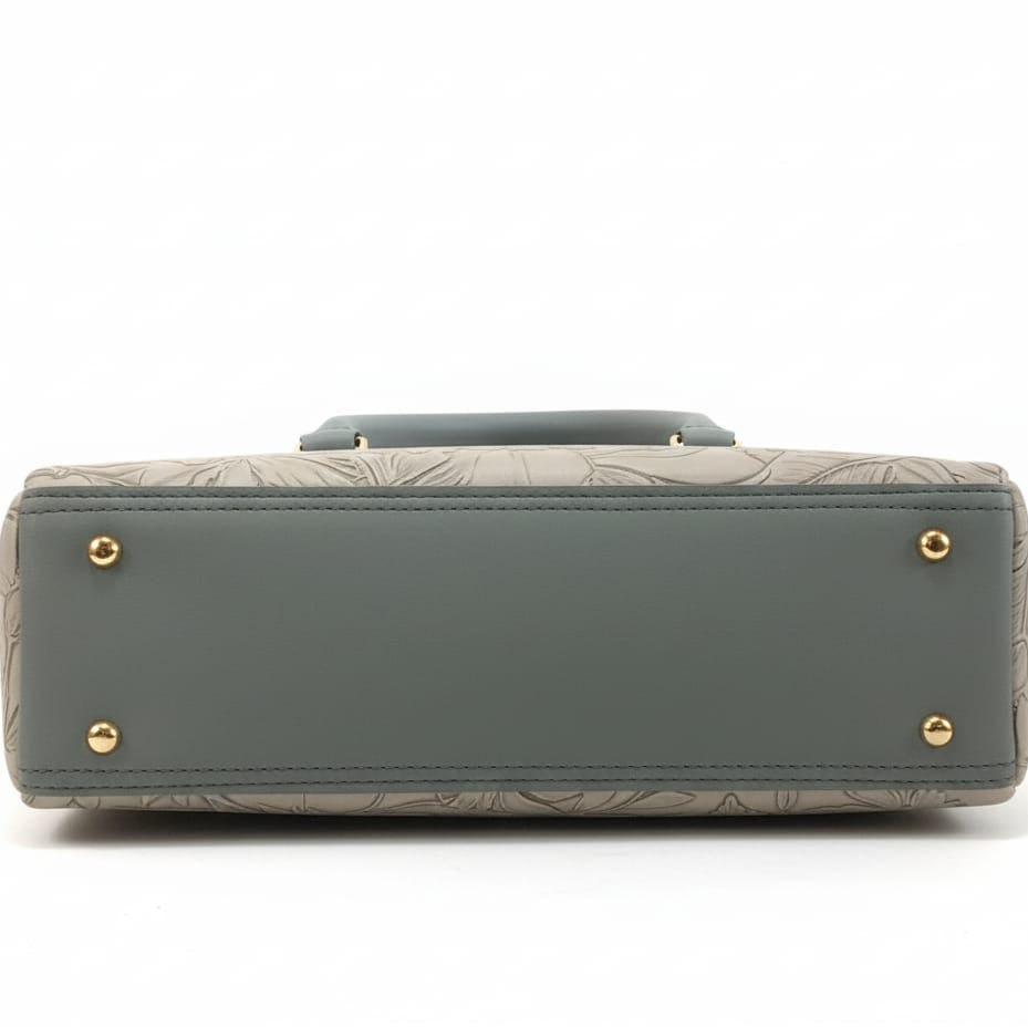 two-tone floral embossed satchel with cat charm