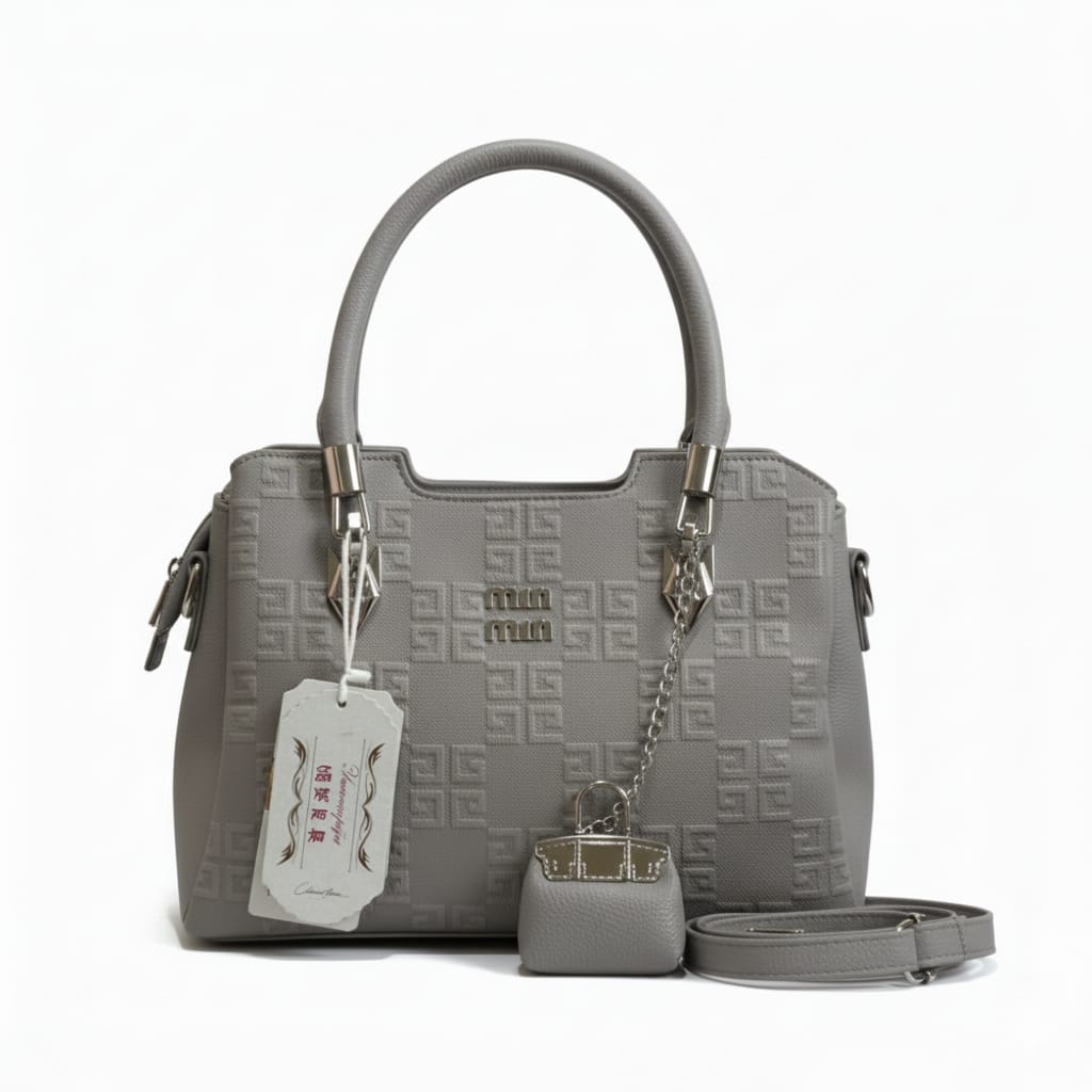 textured dove grey and pink top handle bag