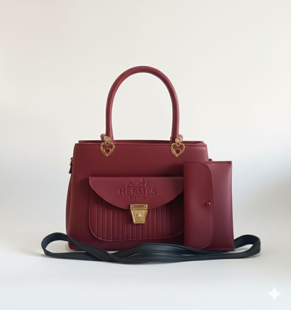 elegant maroon and black top handle satchel and wallet set