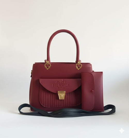 elegant maroon and black top handle satchel and wallet set